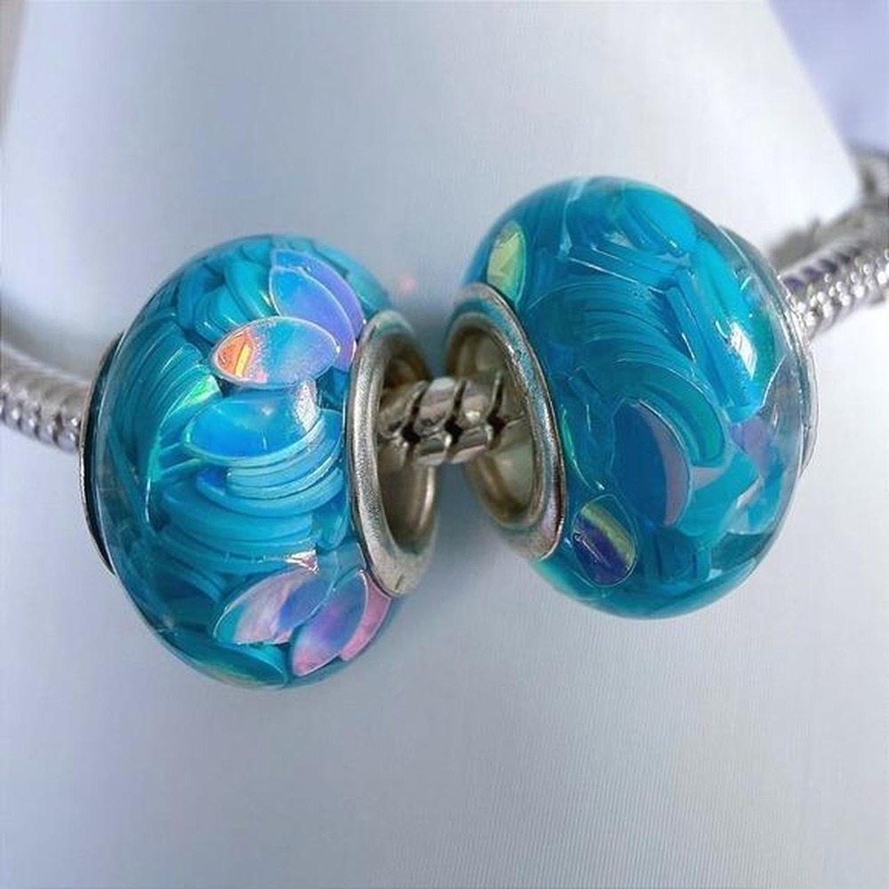 Aqua Blue Silver Bead Charm Fits Snake Chain‎ Bracelet